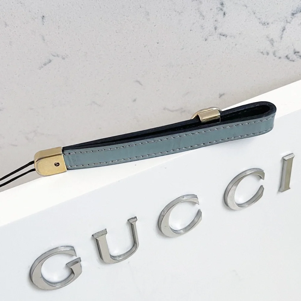 Authentic Gucci Tiffany Blue Patent Leather GG Logo Lanyard / Keychain